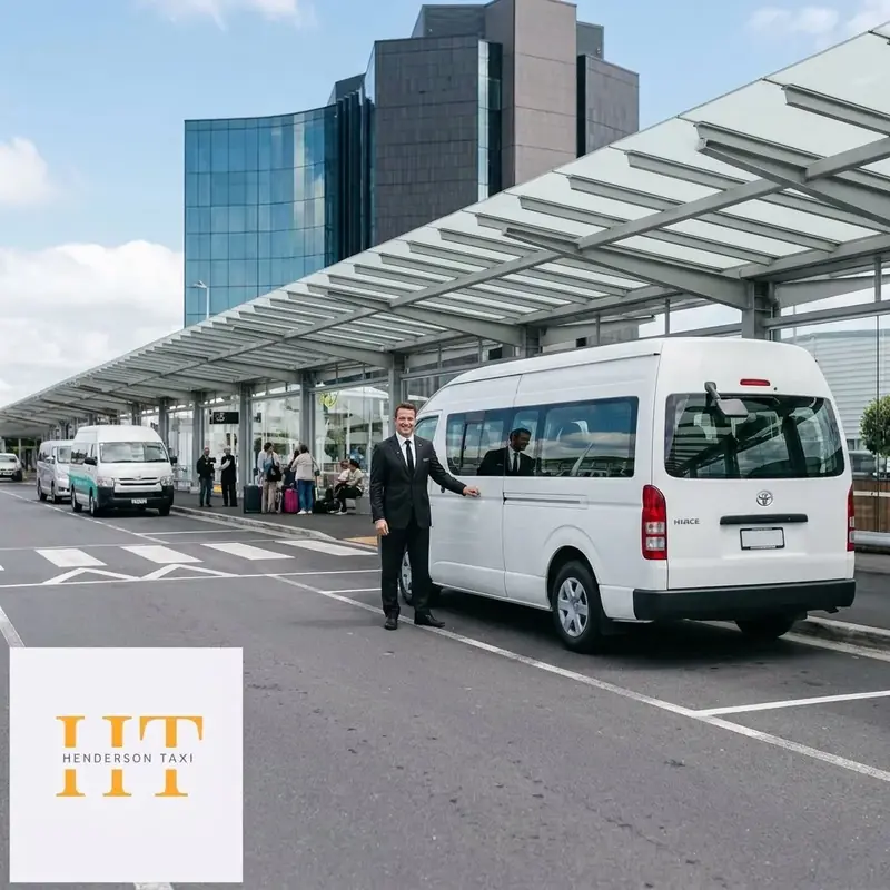 Auckland Airport Van Transfer 4 Professional driver in a black suit standing next to a white 2018 Toyota Hiace 12-seater high-roof van at Auckland Airport arrivals. Perfect for private group transfers of up to 11 passengers with 10+ luggage. Premium airport transfer service.